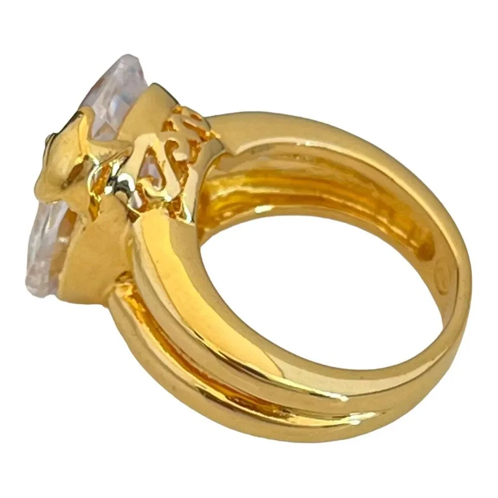 New Gold Tone Cubic Zirconia Ring Large Oval Cocktail Statement Size 5 - 5K
